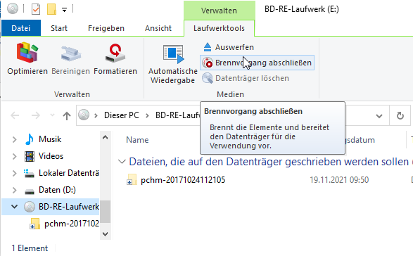 Windows Broadmittel Brennvorgang Abschliessen