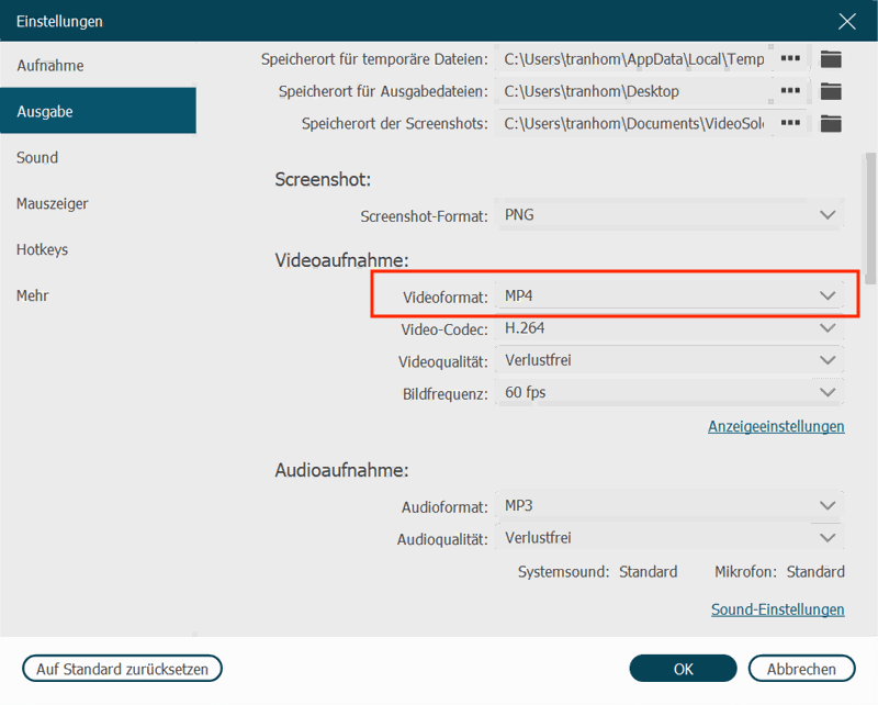 VideoSolo Ausgabe einstellen