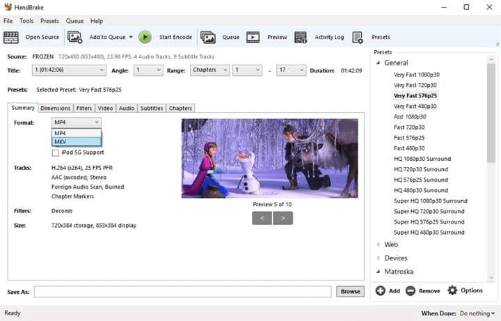 Ausgabeformat wählen HandBrake