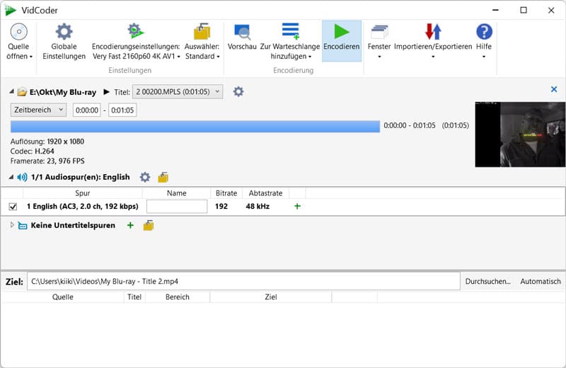 Mit VidCoder Blu-ray in MP4 umwandeln
